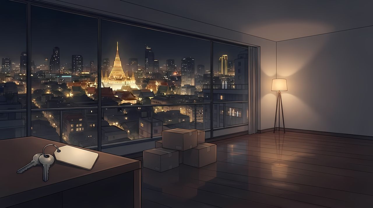 คอนโดว่างยามค่ำ กระจกบานใหญ่เห็นเมืองกับเจดีย์ทอง พวงกุญแจบนโต๊ะ กล่องย้ายบ้านบนพื้น