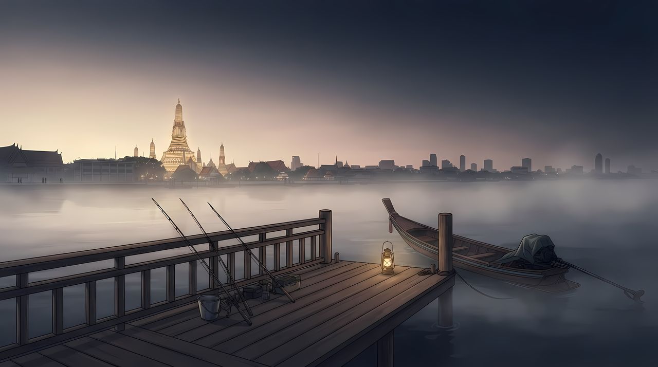 ท่าเรือไม้ริมแม่น้ำตอนรุ่งเช้า คันเบ็ดพิงราว หมอกบางบนน้ำ วัดอยู่อีกฝั่ง