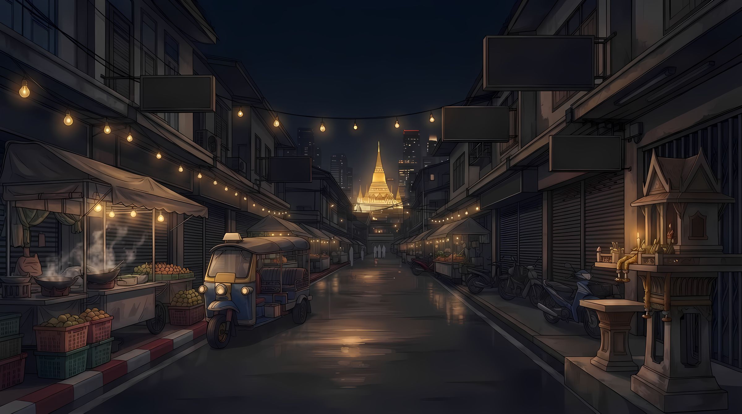 ถนนตลาดยามค่ำ แผงอาหารใต้หลอดไฟ รถตุ๊กตุ๊กจอดข้างทาง ปลายถนนคือเจดีย์ทอง