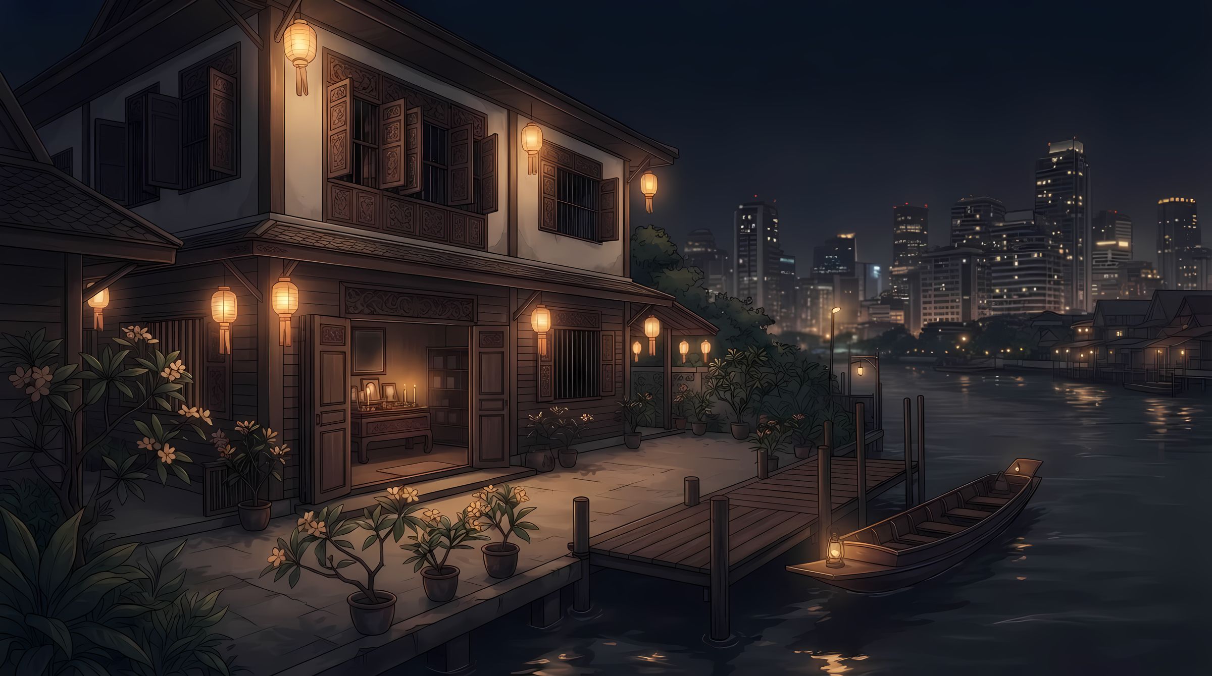 บ้านเก่าริมน้ำยามค่ำ โคมกระดาษเรืองแสง ประตูเปิดเห็นหิ้งบรรพบุรุษกับเทียน